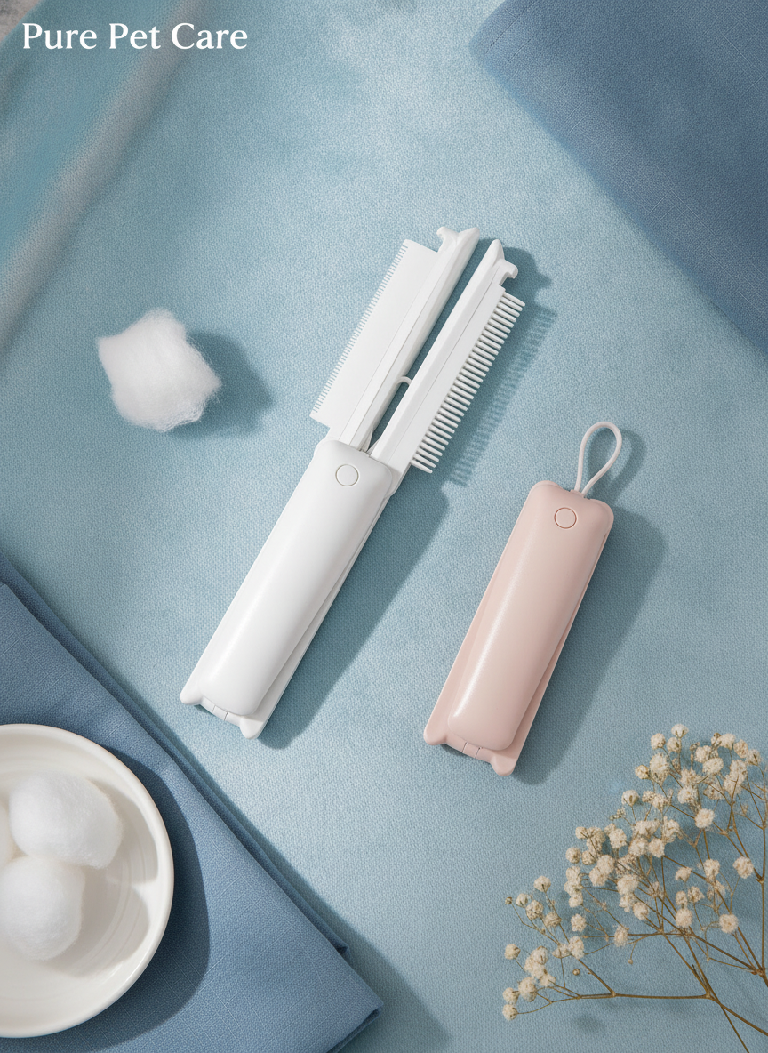 Close-up, flat-lay image of the Pure Pet Care 2-in-1 Foldable Pet Grooming Comb & Lint Remover on a soft sky blue surface.
