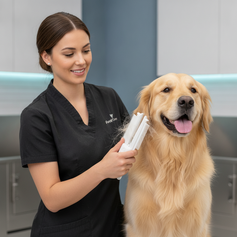 A professional groomer uses the Pure Pet Care 2-in-1 Foldable Pet Grooming Comb & Lint Remover on a Golden Retriever in a mod