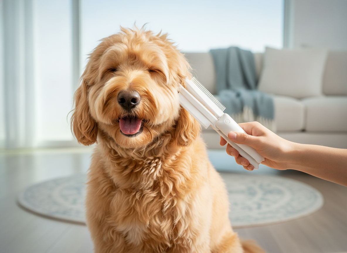 A Goldendoodle with an airy coat is gently brushed by a person using the Pure Pet Care 2-in-1 grooming comb in a clean home.