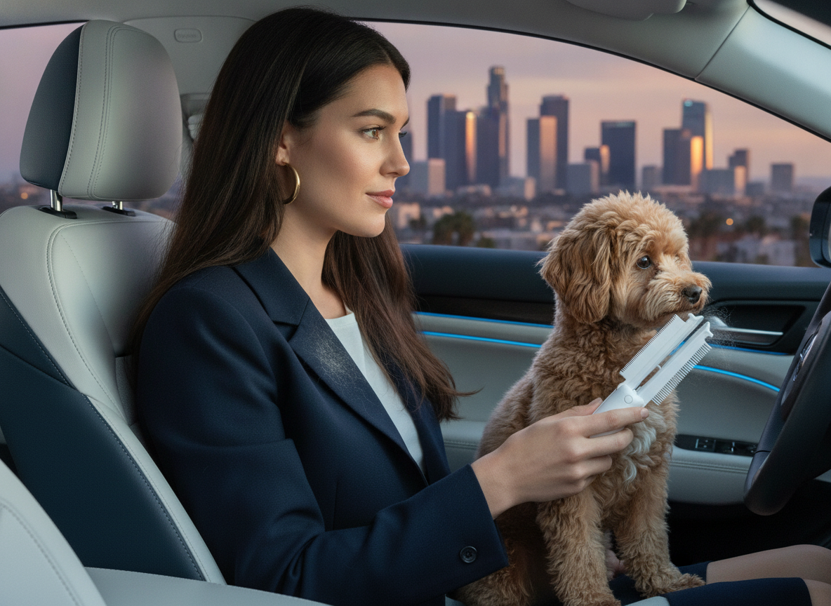 Woman in Los Angeles using a Pure Pet Care grooming comb to remove lint from her blazer while her short-haired dog sits besid