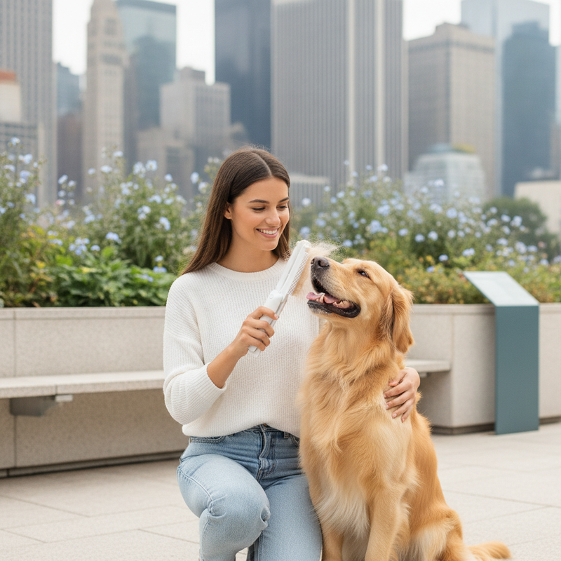 Woman grooming a golden retriever with a Pure Pet Care comb in a New York City park, city buildings in background.