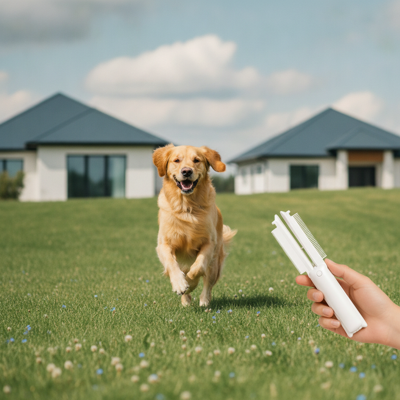 A happy dog with a smooth, tangle-free coat runs on a grassy hill, representing active, well-groomed pets.